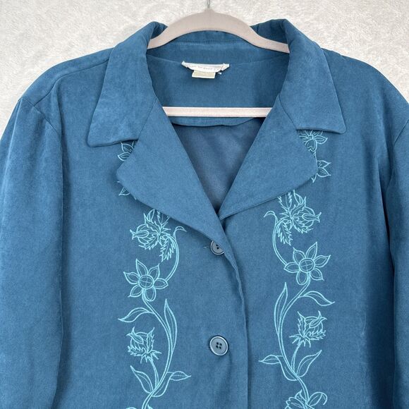 Susan Graver Faux Suede Duster Jacket Womens XL/1X? Teal Embroidered Floral Boho - Picture 2 of 9